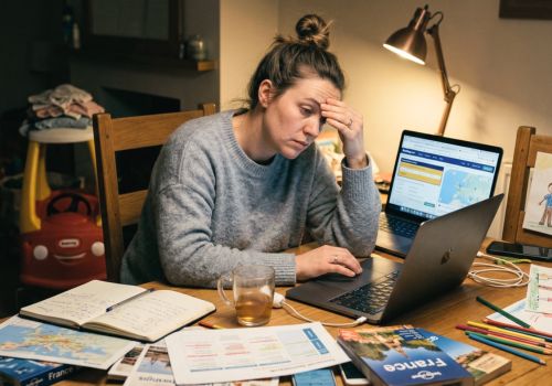 Une maman épuisée et débordée tente désespérément d'organiser un voyage en famille sur son ordinateur