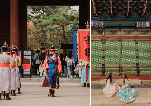 Relève de la garde royale et hanbok traditionnel au palais Gyeongbokgung à Séoul